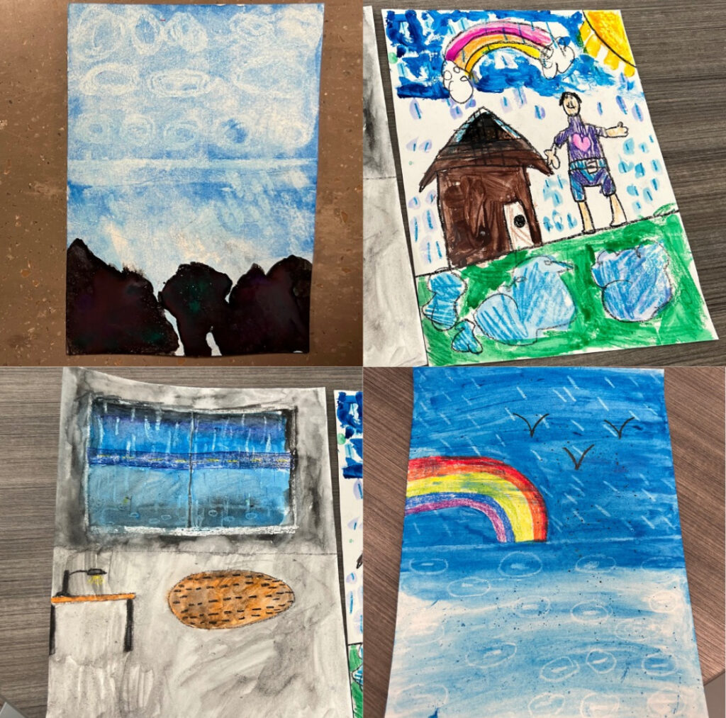 Four colorful children's drawings displayed on paper, showcasing imaginative scenes and playful designs.