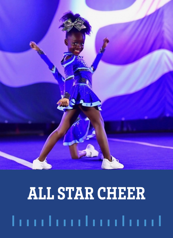 Cheerleaders in vibrant uniforms performing a synchronized routine on stage during a competition.