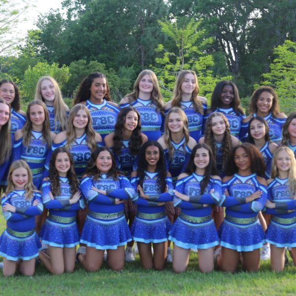 A group of cheerleaders in uniforms smiling and posing together for a team photo.